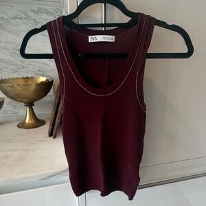 Zara Burgundy Knit Tank Top XS Contrast Stitch Scoop Neck